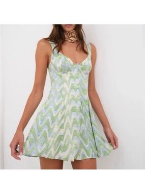 For Love And Lemons Green and Light Blue Yori Wave-Print Mini Dress